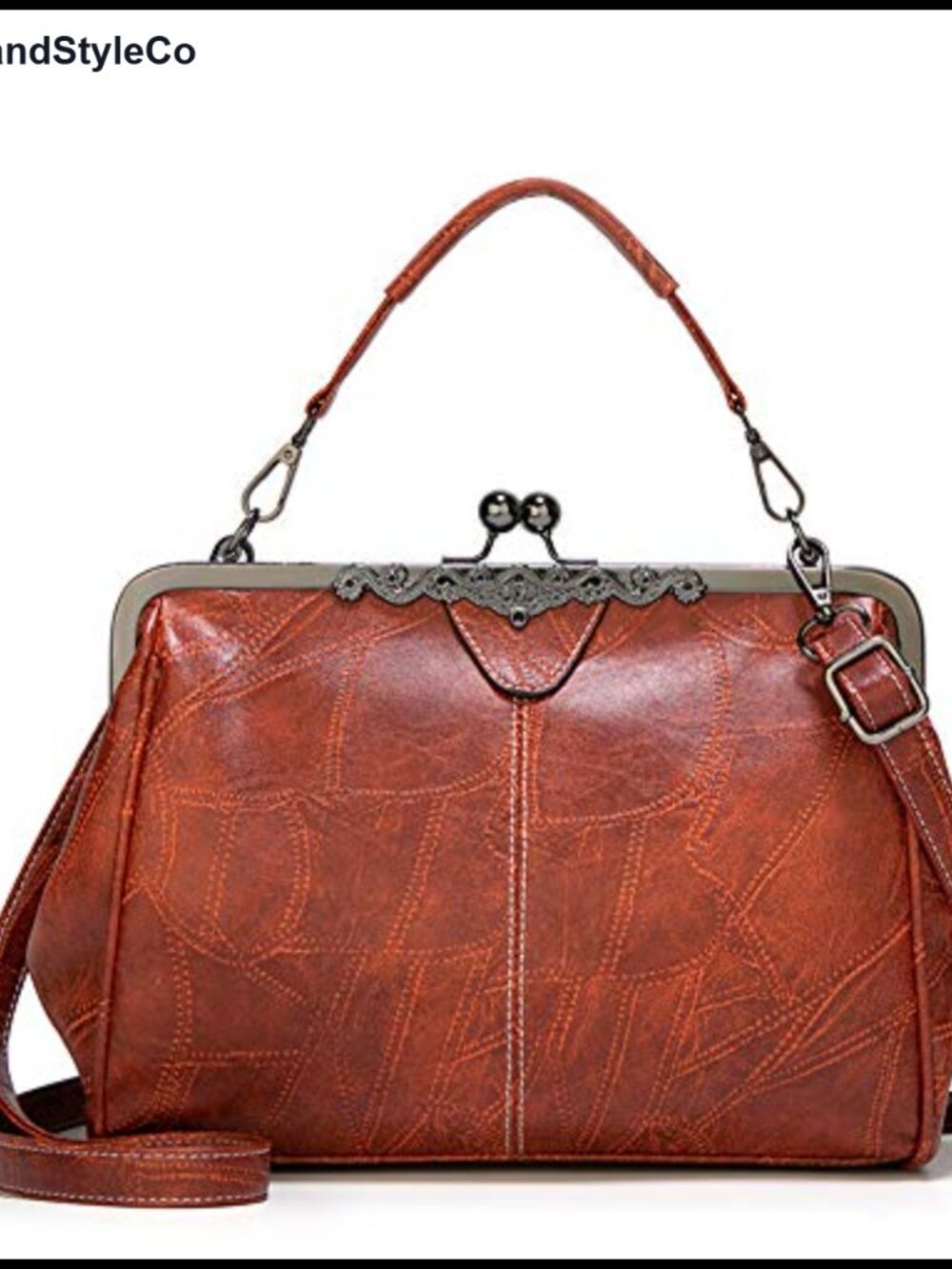 Vintage Oil Wax PU Leather Kiss Lock Crossbody Handbag Top Handle Tote